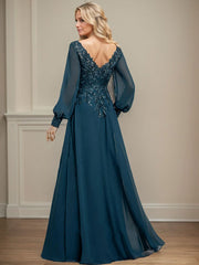 A-Line V-Neck Long Sleeves Floor-Length Chiffon Mother Of The Bride Dresses With Lace