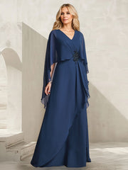 A-line V-Neck Floor-Length Chiffon Mother of the Bride Dress With Cascading Ruffles Beading