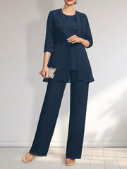 Jumpsuit/Pantsuit Separates Scoop Floor-Length Chiffon Lace Mother of the Bride Dress With Sequins