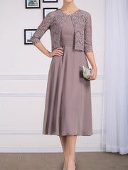 A-line Scoop Tea-Length Chiffon Mother of the Bride Dress With Pleated