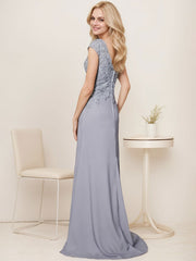 A-Line V-Neck Sweep Train Elastic Mother Of The Bride Dresses With Lace