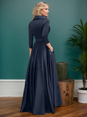 A-Line V-Neck 3/4 Sleeves Satin Mother Of The Bride Dresses With Pockets