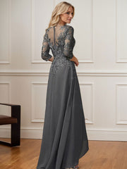 A-Line V-Neck 3/4 Sleeves Chiffon Mother Of The Bride Dresses With Lace