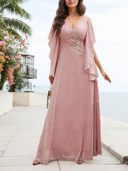 A-Line V-Neck Floor-Length Chiffon Mother Of The Bride Dresses With Appliques Lace