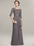 A-line Scoop Illusion Floor-Length Lace Chiffon Mother of the Bride Dress With Cascading Ruffles