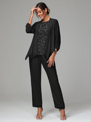 3 Pieces Chiffon Lace Long Sleeves Mother Of The Bride Dress Pants Suits