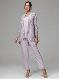 3 Pieces Delicate Chiffon Lace Mother of Bride Dress Pant Suits