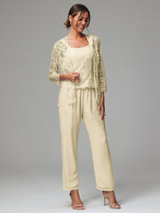 3 Pieces Long Sleeves Chiffon Lace Mother Of The Bride Dress Pants Suits