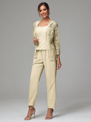 3 Pieces Long Sleeves Chiffon Lace Mother Of The Bride Dress Pants Suits