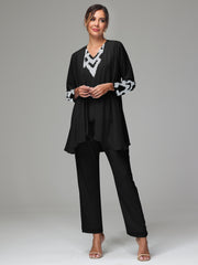 3 Pieces Long Sleeves Chiffon Lace Mother Of The Bride Dress Pants Suits with Silver Sequins