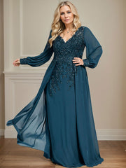 A-Line V-Neck Long Sleeves Floor-Length Chiffon Mother Of The Bride Dresses With Lace