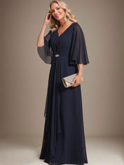 A-line V-Neck Floor-Length Chiffon Mother of the Bride Dress With Cascading Ruffles Crystal Brooch