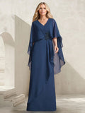 A-line V-Neck Floor-Length Chiffon Mother of the Bride Dress With Cascading Ruffles Beading