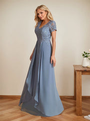 Elegant A-Line Chiffon V-neck Mother of the Brides Dresses Lace Top MOB Dresses