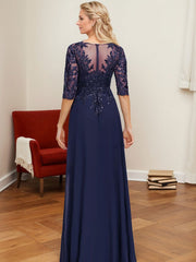 A-Line V-Neck 1/2 Sleeves Floor-Length Chiffon Mother Of The Bride Dresses With Lace