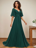 A-line V-Neck Floor-Length Chiffon Mother of the Bride Dress With Sequins Appliques Lace Pleated