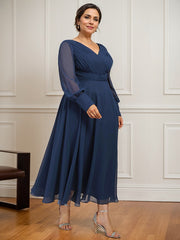 A-line V-Neck Tea-Length Chiffon Mother of the Bride Dress With Pleated