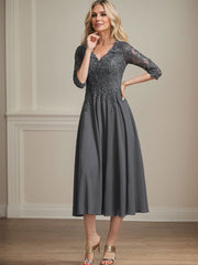 A-line V-Neck Tea-Length Chiffon Lace Mother of the Bride Dress With Beading Sequins