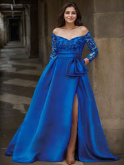 A-Line Off-The-Shoulder 3/4 Sleeves Sweep Train Lace/Satin Mother Of The Bride Dresses With Split Front