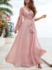 A-Line V-Neck Floor-Length Chiffon Mother Of The Bride Dresses With Appliques Lace