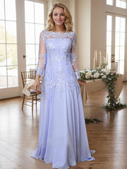 A-line Bateau Long Sleeves Appliques Lace Sweep Train Chiffon Mother of the Bride Dres