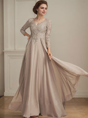 A-line V-Neck Floor-Length Lace Chiffon Mother of the Bride Dress With Sequins