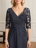 A-line V-Neck Floor-Length Lace Chiffon Mother of the Bride Dress With Pleated Sequins