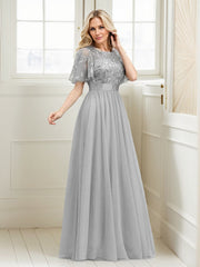 A-Line Short Sleeve Embroidery Mother Of The Bride Dress