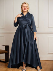 A-Line V-Neck 3/4 Sleeves Satin Mother Of The Bride Dresses With Pockets