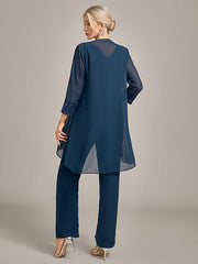 Navy Long Sleeves 3 Pieces Mother of the Bride Pant Suits