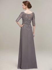 A-line Scoop Illusion Floor-Length Lace Chiffon Mother of the Bride Dress With Cascading Ruffles