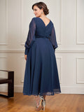 A-line V-Neck Tea-Length Chiffon Mother of the Bride Dress With Pleated