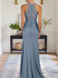 Dusty Blue Sheath Halter Long Mother of Bride Dress With Appliques