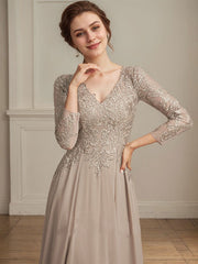 A-line V-Neck Floor-Length Lace Chiffon Mother of the Bride Dress With Sequins