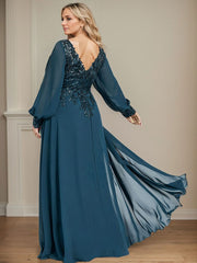 A-Line V-Neck Long Sleeves Floor-Length Chiffon Mother Of The Bride Dresses With Lace