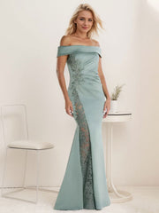 A-Line Off the Shoulder Floor-Length Chiffon Mother of the Bride Dress Applique Beadings Mermaid Dress With  High Split