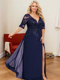 A-Line V-Neck 1/2 Sleeves Floor-Length Chiffon Mother Of The Bride Dresses With Lace