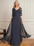 A-line V-Neck Floor-Length Lace Chiffon Mother of the Bride Dress With Pleated Sequins