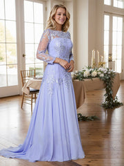 A-line Bateau Long Sleeves Appliques Lace Sweep Train Chiffon Mother of the Bride Dres