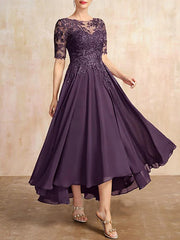 A-line Scoop Illusion Asymmetrical Chiffon Lace Mother of the Bride Dress With Sequins