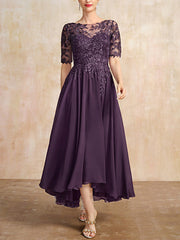 A-line Scoop Illusion Asymmetrical Chiffon Lace Mother of the Bride Dress With Sequins