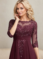 A-line Scoop Illusion Asymmetrical Lace Chiffon Mother of the Bride Dress With Pleated Sequins