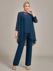 Navy Long Sleeves 3 Pieces Mother of the Bride Pant Suits