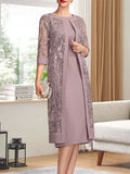 Sheath/Column Scoop Knee-Length Chiffon Mother of the Bride Dress With Pleated Sequins