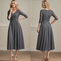 A-line V-Neck Tea-Length Chiffon Lace Mother of the Bride Dress With Beading Sequins