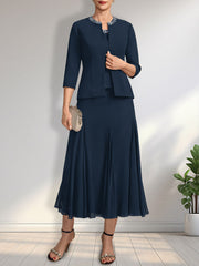 Separates A-line Scoop Tea-Length Chiffon Mother of the Bride Dress With Sequins Beading