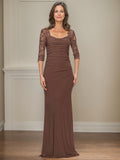 Sheath/Column Square Neckline 3/4 Sleeves Floor-Length Jersey Mother Of The Bride Dresses With Lace