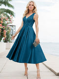 A-Line V-Neck Sleeveless Tea-Length Satin Mother Of The Bride Dresses With Lace