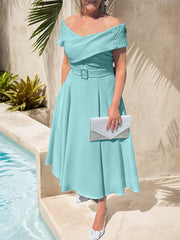 A-Line Off-The-Shoulder Tea-Length Chiffon Mother Of The Bride Dresses With Beading