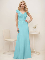 A-Line V-Neck Sweep Train Elastic Mother Of The Bride Dresses With Lace